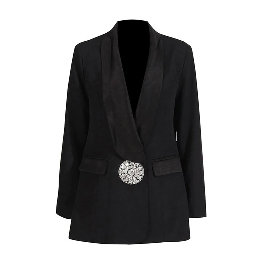 Solid Color Suit Jacket for Women Notched Lapel Long Sleeve Patchwork Rhinestone Button Blazer