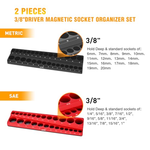 Image of GOOACC 3 /8 inch Magnetic Socket Organizer, 2 Pieces Metric & SAE Socket Drive Holders 3 /8 inch Socket Organizer Tray Holds 56 Standard Sockets for Toolboxes