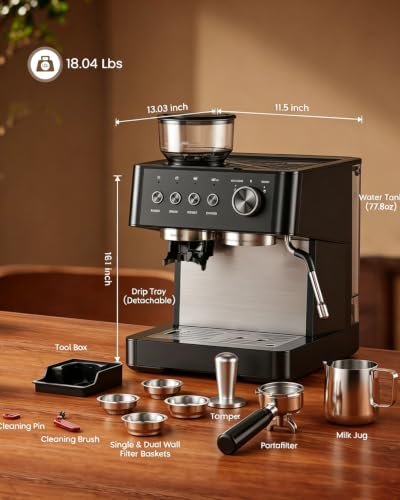 Image of (2026 Upgrade) 15 Bar Espresso Machine with Built-in Anti-Clog Coffee Grinder, Expresso Coffee Machines with Milk Steam Wand /Frother /Tamping Tools,Espresso Maker with Grinder for Lattes-Sleek Black