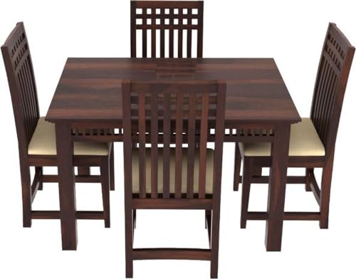 Image of Sheesham Wood 4 Seater Dining Table with Cushioned High Back Chairs for Living Room Home Dining Room Sets Furniture for Dinner Rooms (Mahoghany Finish)
