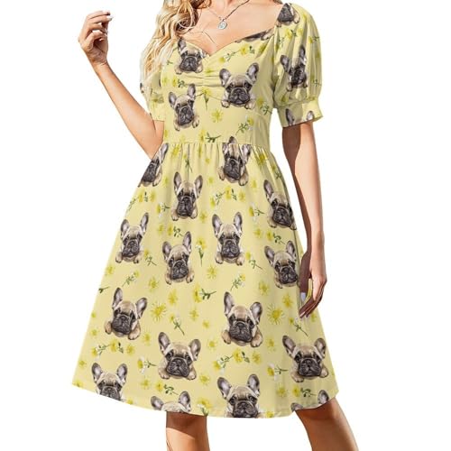 FurFunni Dresses with Sleeves Yellow Daisy French Bulldogs Casual Vacation