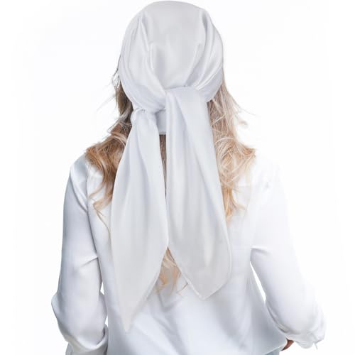 Andibro Pañuelo cuadrado grande de satén de 35 pulgadas, bufandas de seda brillante de color sólido, envolturas para dormir para mujer, bandana para el cabello, Blanco, 89 cm