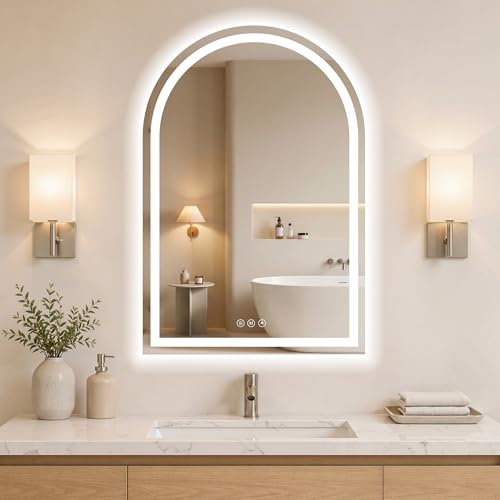 WISSMIELS Arched LED Bathroom Mirrors with Lights 24"x32", Anti-Fog,LED Mirrors with Light, Anti-Fog, Dimmable, 3 Color, Shatterproof, Touch Sensor
