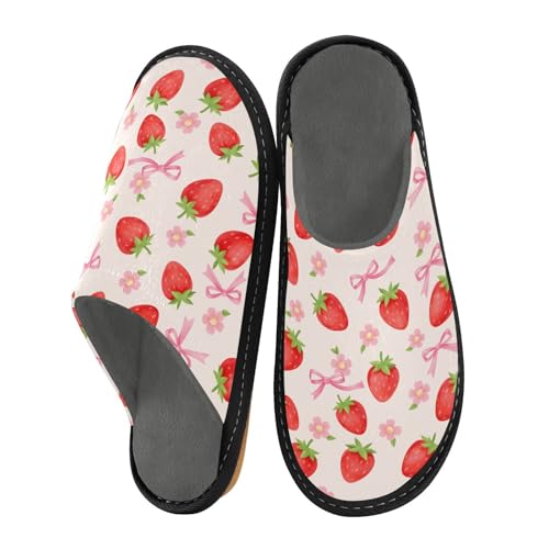 Slippers for Women Pink Bow Flowers Red Strawberry Pattern Soft Winter Warm Shoes Indoor Outdoor Non-Slip House Travel Slippers