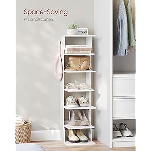 VASAGLE 7-Tier Vertical Shoe Rack, Narrow Shoe Storage Organizer with Hooks, Slim Corner Shoe Tower Rack, Space Saving for Entryway and Bedroom, White ULBS200T14 VASAGLE 7 Tier Vertical Shoe Rack Narrow Shoe Storage Organizer with Hooks Slim Corner Shoe Tower Rack Space Saving for Entryway and Bedroom White ULBS200T14