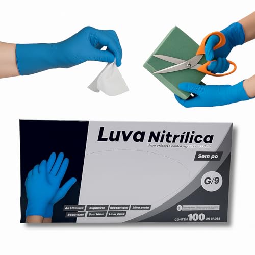 Luva Nitrilica Azul Linha Super Premium Totalmente Sem Pó Antiderrapante Moderna Com 100 Unidades Descartável | P M ou (G)