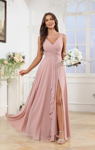 POMUYOO Sleeveless Bridesmaid Dresses for Women V-Neck Chiffon Ruffles Long Formal Party Gowns for Wedding3