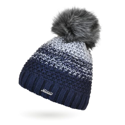 Neverless® Damen Strick-Mütze gefüttert Fleece Fell-Bommel Kunstfell Winter-Mütze Bommelmütze Grobstrick Mehrfarbig Navy-hellblau Unisize