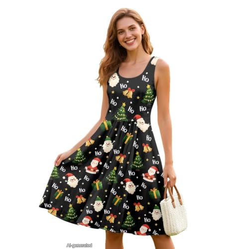Image of Women Stylish Tank Dresses Sleeveless Round Neck Midi Casual Dress with Pocket for Summer
