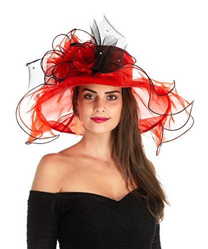 Women's Organza Church Kentucky Derby British Fascinator Bridal Tea Party Wedding Hat Summer Ruffles Cap(HL-Red Balck Line)