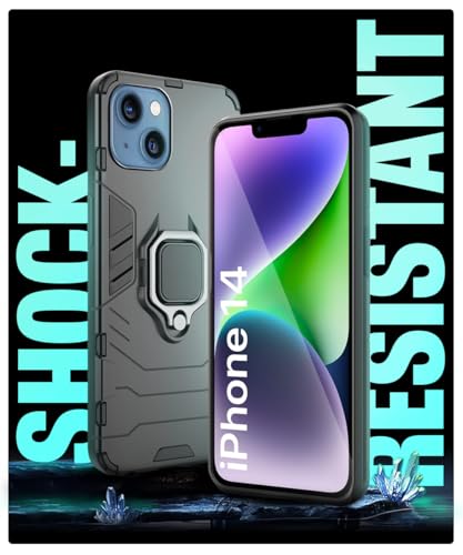 Image of WOW IMAGINE Shock Proof Back Case Mobile Cover for Apple iPhone 14 | Back Cover Case (Tough Armor | Hybrid PC + TPU | Ring Holder & in-Built Kickstand | Black)