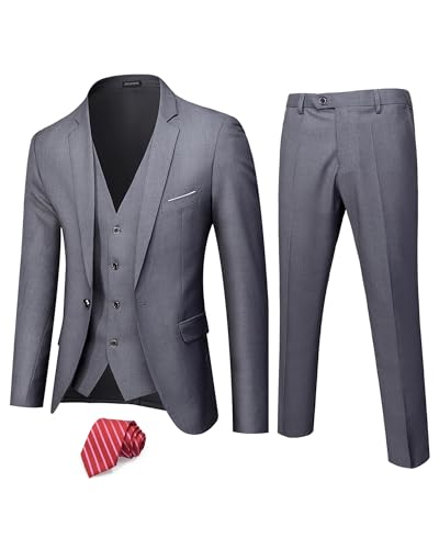 Hihawk Traje de 3 Piezas para Hombre con Tela elástica, sólido Ajuste Delgado, un botón, Chaqueta y Pantalones con Corbata., Gris (Deep Grey), Large