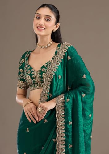Image of Yashika Women's Organza Satin Butti Work With Zari Lace Border Embroidered Saree| Women Sari