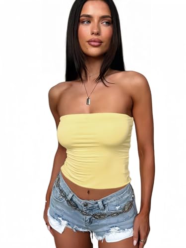 Sukiglam Tubo Top Mujer Sexy Camiseta Sin Mangas Slim Fit Crop Tops Verano Corto Camisetas Sin Tirantes Básico Elástico Tank Top Bandeau Causal Shirt Sin Espalda Going out Y2K Aesthetic Clothes