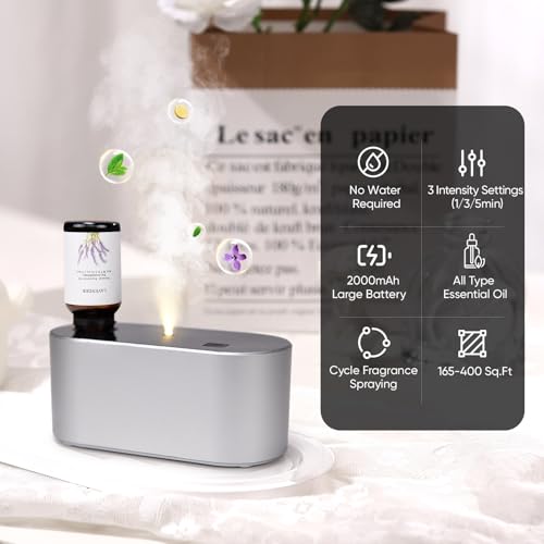 Image of Lecdura Waterless Diffuser for Essential Oil, Battery Operated Scent Air Aromatherapy Diffuser, Mini Aroma Diffusers with 3 Intermittent Mist Modes, Cycle Start for Home Office Bedroom - Silver