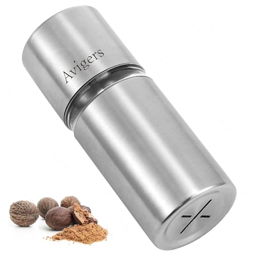 Moulin à muscade avec conteneur de stockage, moulin à acier tranchant pour la plus fine poudre de muscade, moulin à muscade Myristica, moulin à muscade, moulin à épices pour quatre muscadines