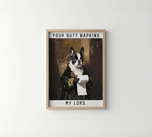 Image of Boston Terrier Gothic Bathroom Wall Art Print Poster, Dog Pet Lover Picture Painting Artwork Bedroom Living Room Office Dining Room 150D (Boston Terrier Gothic Bathroom, 11 inchW x 14 inchL, Wood Frame)