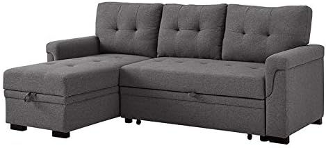 Sectional Sofa with Storage Chaise Set, Linen Fabric Pull-Out Bed (Charcoal) Updated Model by Bliss Brands