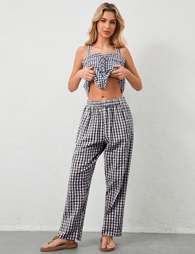Livtany Women's Mid-Rise Plaid Wide Leg Lounge Long Pant Classic Gingham Print Stretchy Elastic Waist Trouser with Pocket4
