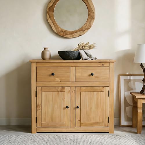 CARO-Möbel Kommode Cancun im Landhaus Stil aus Kiefer massiv, Moderne Anrichte mit 2 Schubladen und Türen, Sideboard mit gebeizter gewachster Oberfläche