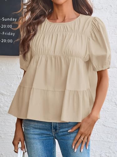 Image of Tankaneo Womens Puff Sleeve Peplum Babydoll Tops Summer Flowy Pleated Cotton T-Shirts Casual Loose Fit Cute Blouse