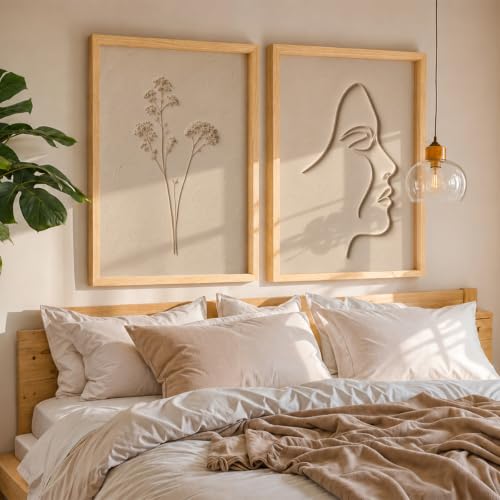 Image of NoWorries Minimal Line Art Wall Painting Set of 2 with Frame | Abstract Woman Face & Botanical Flower Beige Artwork, Modern Neutral Wall Decor for Living Room, Bedroom, Office and Home Decoration (Art-8, 10x13inch)