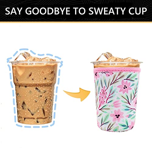 Image of YR Reusable Neoprene Insulator Sleeve for Iced Coffee Cups, 3 Pack Coffee Coolies sleeves for Iced & Hot Drinks, Cold Beverage Cooler Compatible with Starbucks Coffee and More (Pink Flower)