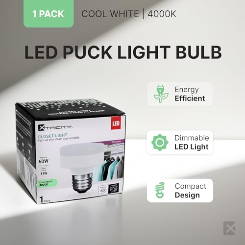 Image of Xtricity LED Puck Light Bulb, E26 Bulb Base, Dimmable, Flat Light Bulb 11W (60W Equivalent), 800 Lumens, 4000K Cool White, Low Profile120V, UL Listed (1 Pack)