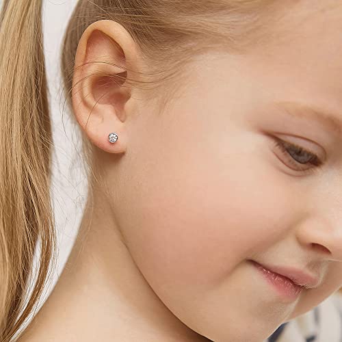 925 Sterling Silver 4mm Bezel Cubic Zirconia Toddler Girls Safety Screw Back Earrings - Locking Back Stud Earrings for Babies to Young Girls - Lightweight and Hypoallergenic Safe for Baby Girls3