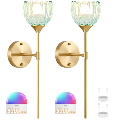 Image of Vintage Battery Operated Wall Sconce Set of 2, Blue Tulip Glass Lampshade Wireless 5300 mAh Rechargeable Battery Powered LED Wall Light with Remote Dimmable for Bedroom Bathroom Living Room