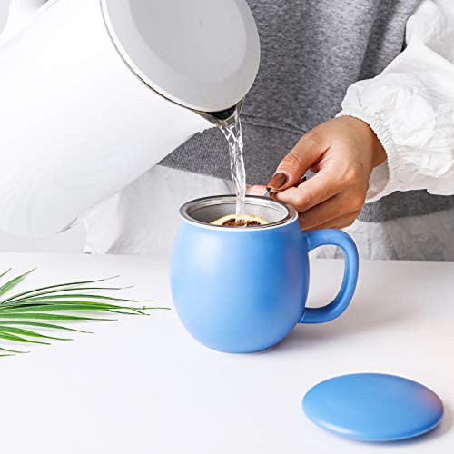 Image of Yundu 12 OZ Matte Blue Ceramics Teacup with Infuser and Lid, Mug with Lid for Steeping - Stainless Steel Infuser for Loose Leaf Tea, Home Office Gift for Tea Lovers