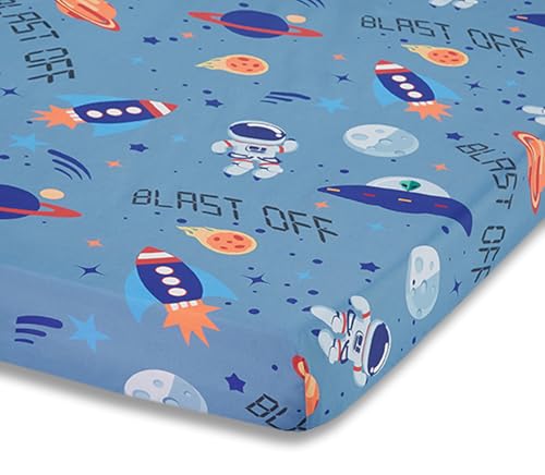 Image of Baby Boy Fitted Crib Sheet Outerspace Adventures, 100% Soft Breathable Microfiber Baby Sheet, Fits Standard Size Crib Mattress 28in x 52in, Nursery Sheet