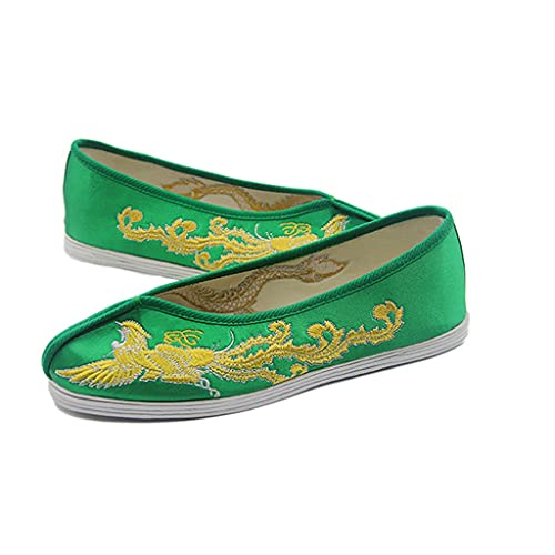Vintage Women Flats Bride Shoes Chinese Wedding Satin Dragon Phoenix Embroidered Breathable Soft Single Ballet Shoes Woman (Color : Green, Size : 5 Code) (Green 9 Code)