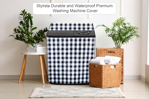 Image of Stylista Waterproof and Dustproof PVC Washing Machine Cover Compatible for Godrej 10 Kg Semi-Automatic Top Loading WSEDGE NEO 100 5.0 PB3 SLGR, Gingham Pattern Black & White