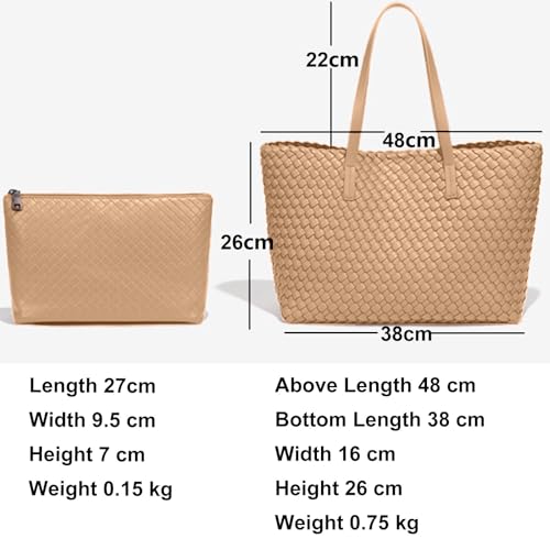 Large Capacity Shoulder Handbag Woven Leather Tote Bag with Matching Pouch Travel Lightweight2