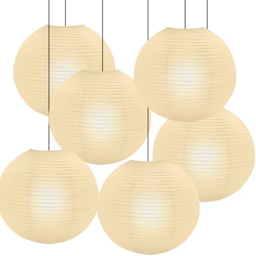 6 PCS White Paper Lantern Lamp, 12'' Chinese Paper Lantern Pendant Light Shade, Round Lampshade for Living Room, Bedroom, Ceiling Lampshade Party Decor