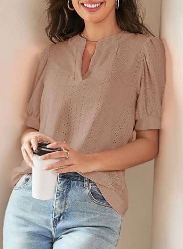 Image of Dokotoo Womens Blouses V Neck Puff Short Sleeve Business Casual Tops