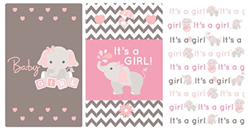 54 Stickers Miniatures Candy Bar Girl Baby Shower Favors Pink & Gray Elephant Labels