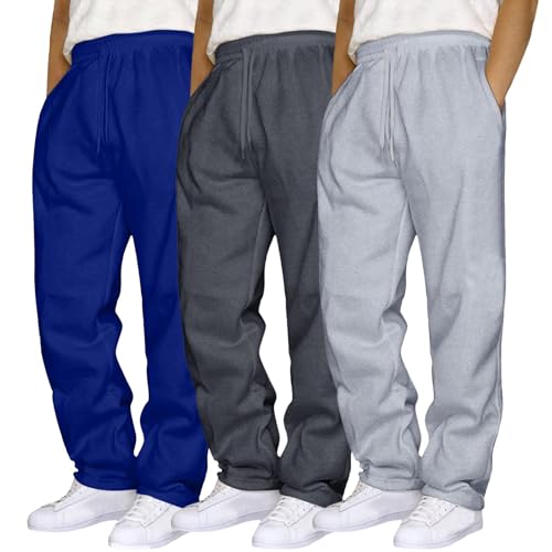 3 Pack Sweatpants for Men Casual Wide Leg Baggy Sweatpants Fleece Elasti Drawstring Sweat Pants Gym Loose Joggers