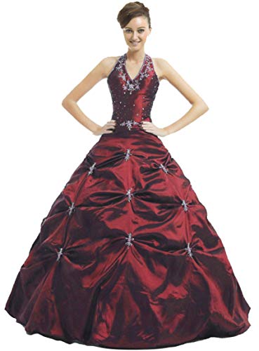 Zorayi Robe de mariée Robe de Quinceanera Longue Robe de Bal Robe de soirée Taffetas Licou-col Bourgogne Taille 46