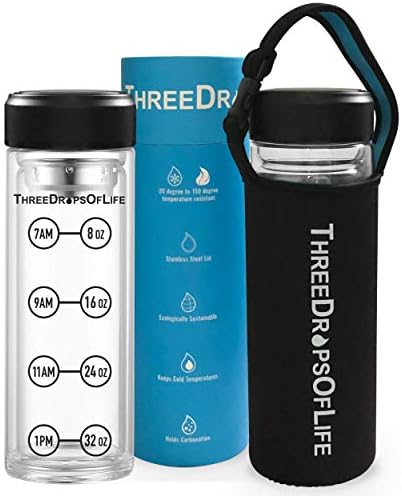 New 32 oz Double Wall Large Glass Water Bottle, Time Tracker Marks, Best Borosilicate Sport Bottles, Includes Neoprene Sleeve, Stainless Steel Lid and Strainer - No Sweat Hydration for Home, Office