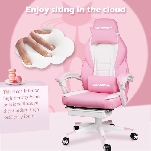 Image of LEMBERI Big and Tall Gaming Chair 400lb Capacity, Heavy-Duty Office Chair with Reinforced Footrest, Wide Seat High Back PC Desk Chair with Linkage Armrests, Thickened Steel Frame, PU Leather, Pink