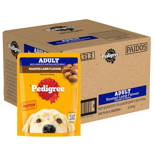 Image of Pedigree Adult Wet Dog Food, Roasted Lamb Flavour Chunks in Gravy, 70 g (Pack of 30), Made with Real Meat, Complete & Balanced Nutrition for Adult Dogs