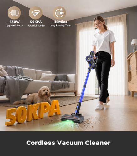 Image of Cordless Vacuum Cleaner, 550W 50KPa 45Mins Vacuum Cleaners for Home, Self-Standing Stick Vacuum with Anti-Tangle Brush & LED Display for Hardwood Floors, Carpet, Pet Hair, Car