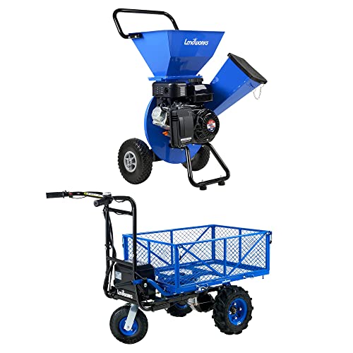 Landworks Wood Chipper 3 in 1 Multi-Function 3´´ Inch Max Capacity & Utility Service Cart Wheelbarrow Power Wagon Super Duty Electric 48V DC Li-Ion Battery Powered 500LBS Load & 1000LBS [Bundle Deal]