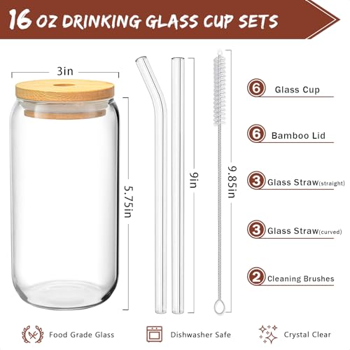 SENTVEND 16 Oz Drinking Glasses with Bamboo Lids and Glass Straw - 6 Pcs Glass Cups Beer Ice Coffee Glasses Cute Aesthetic Cup Great for Coffee Bar Accessories Include 2 Cleaning Brushes