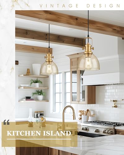 Image of 7.5 inch Gold Pendant Lights Kitchen Island, Amber Seeded Glass Shade | Farmhouse Vintage Hanging Light Fixture for Dining Room, Adjustable Hanging Height, E26 Base, 22151-1P-GD-OR