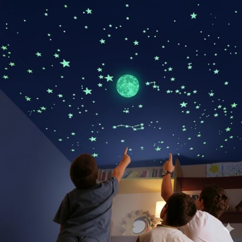 Alcrea® CIELO Exacto con 540 Estrellas fluorescentes para techo, mapa sencillo en español, plantilla de 2m2, luna, video y más. Juego para toda la familia, educativo y decorativo Pegatinas Decoracion