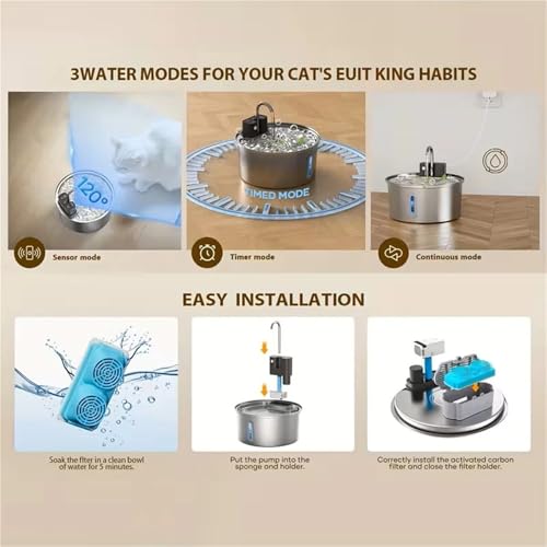 Fuente de agua para gatos de acero inoxidable 3.2L inalámbrica miniatura 6