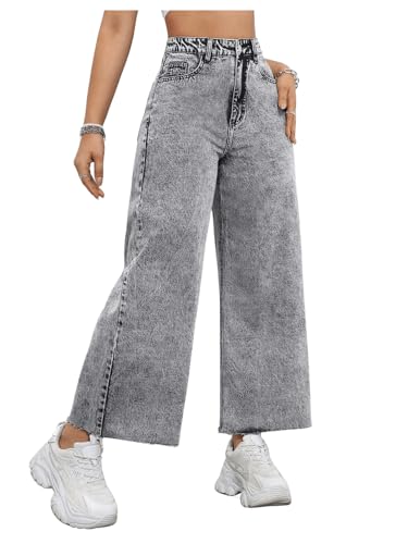 MakeMeChic Women's Denim Raw Wide Leg Trousers Straight Loose Baggy